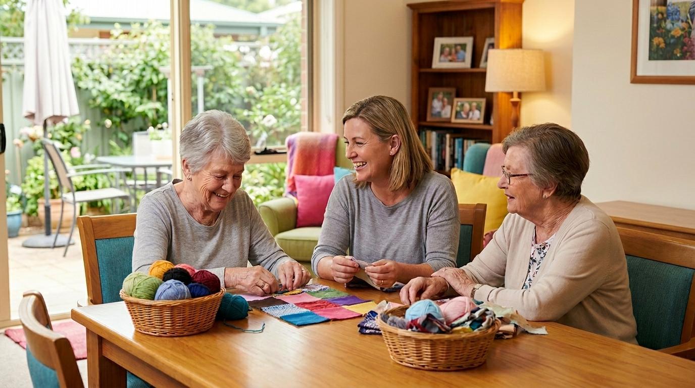 A smiling caregiver helps and joins seniors with a knitting craft.
