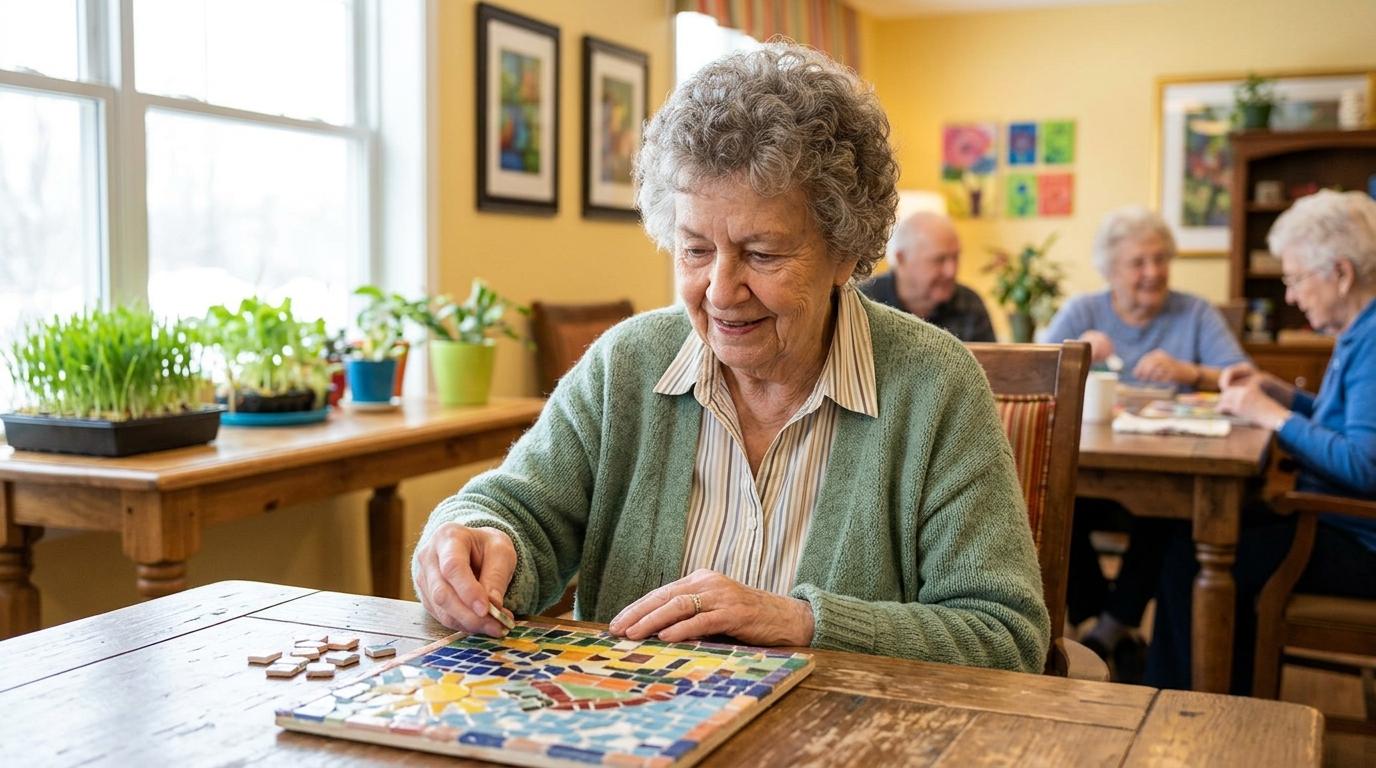 An older adult smiles while completing a puzzle in memory care.