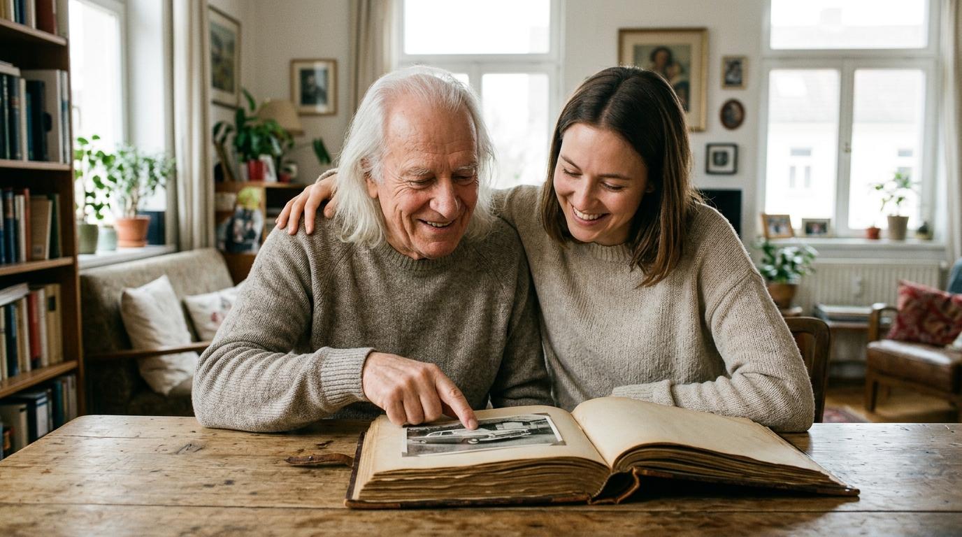 A senior with a family member looking at photos in an album.