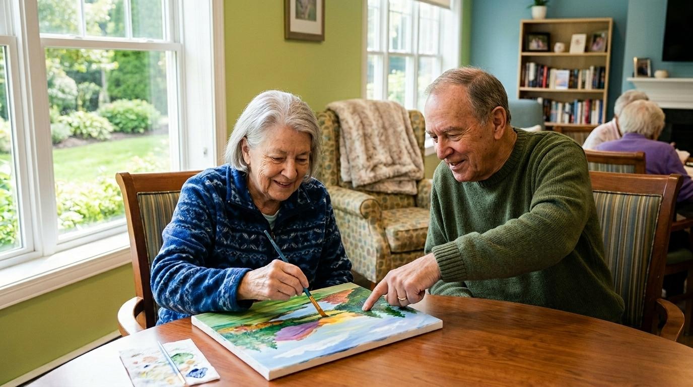 Two seniors paint a canvas together in a memory care community.