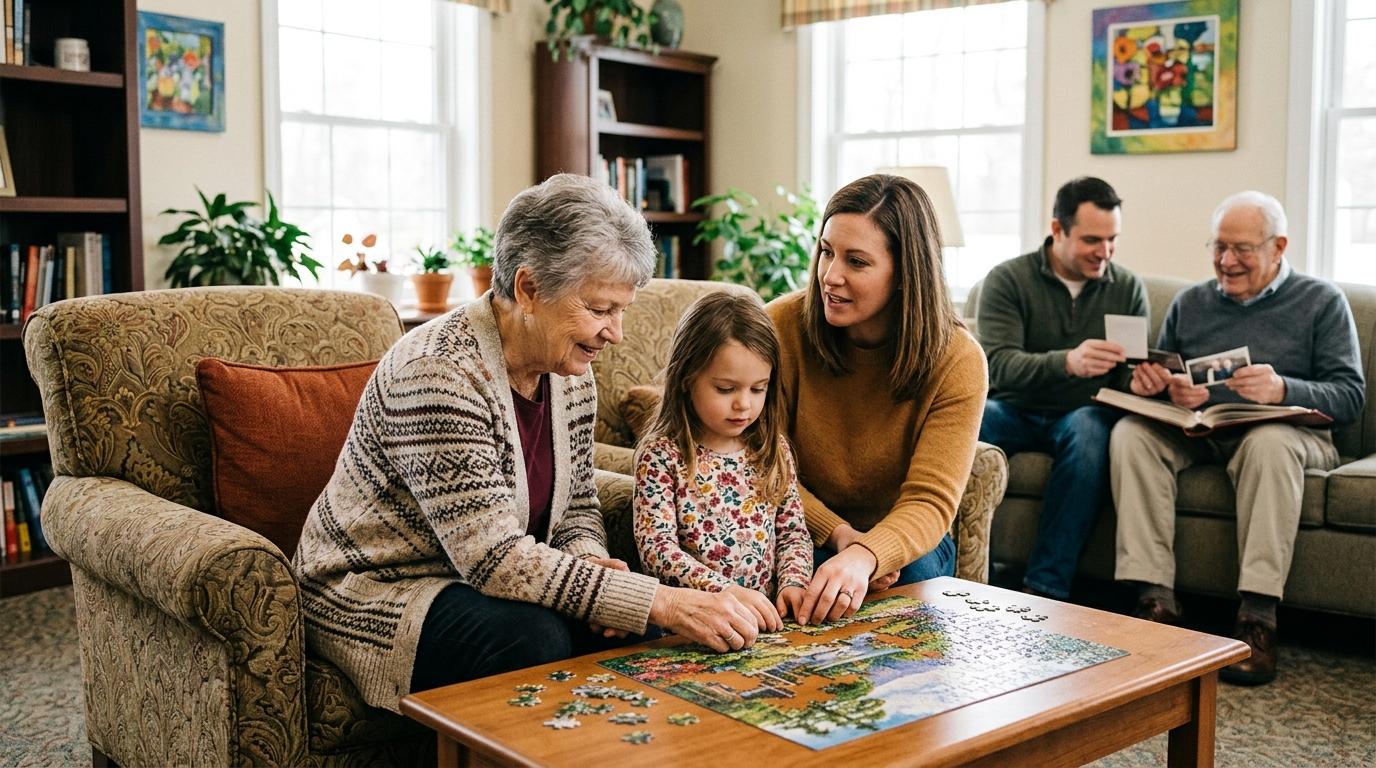 A family gathered together, sharing a warm and supportive moment as they prepare a loved one for a move to memory care.