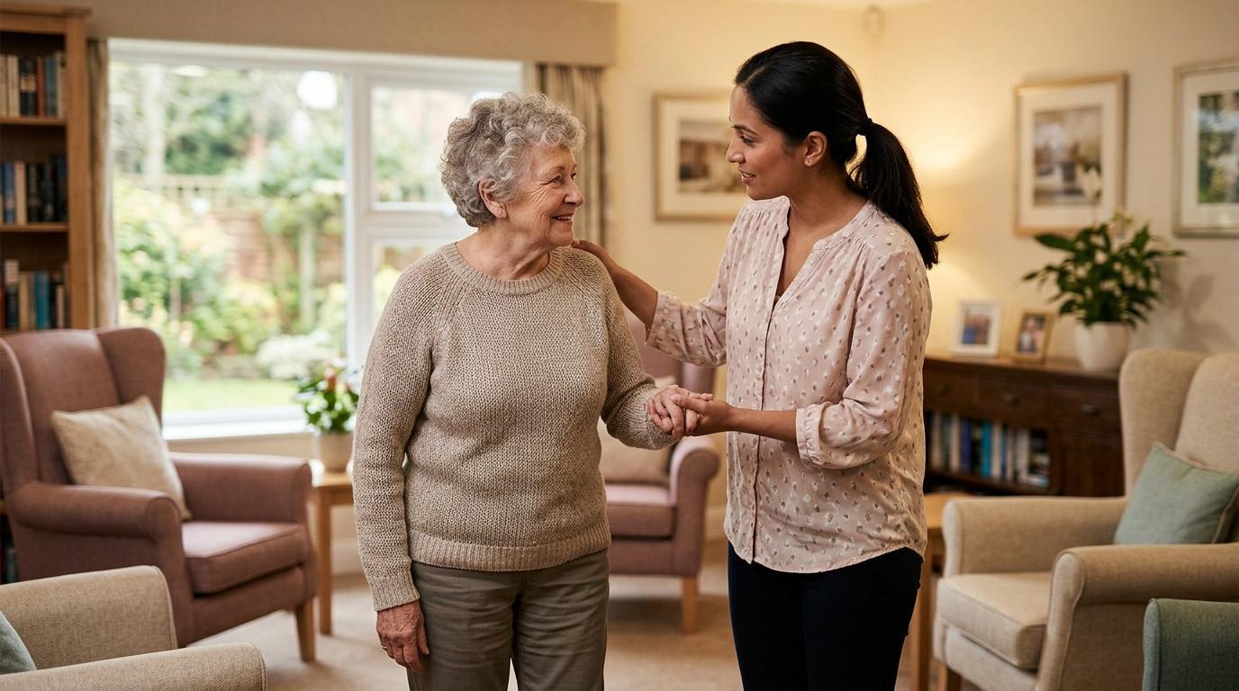 A caregiver helps a senior with dementia in a memory care community.
