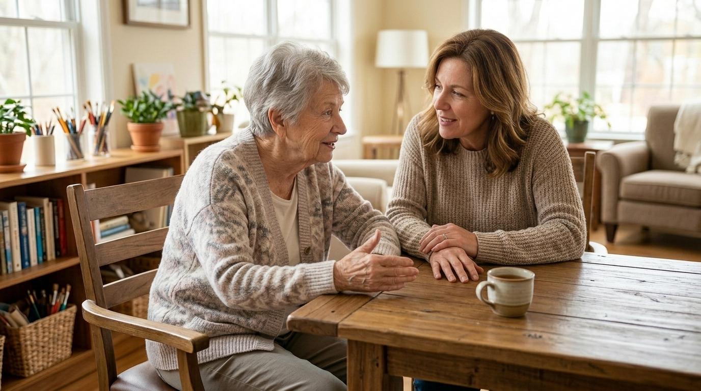 A family member and an older adult share a warm, joyful moment together in a bright, welcoming memory care community.