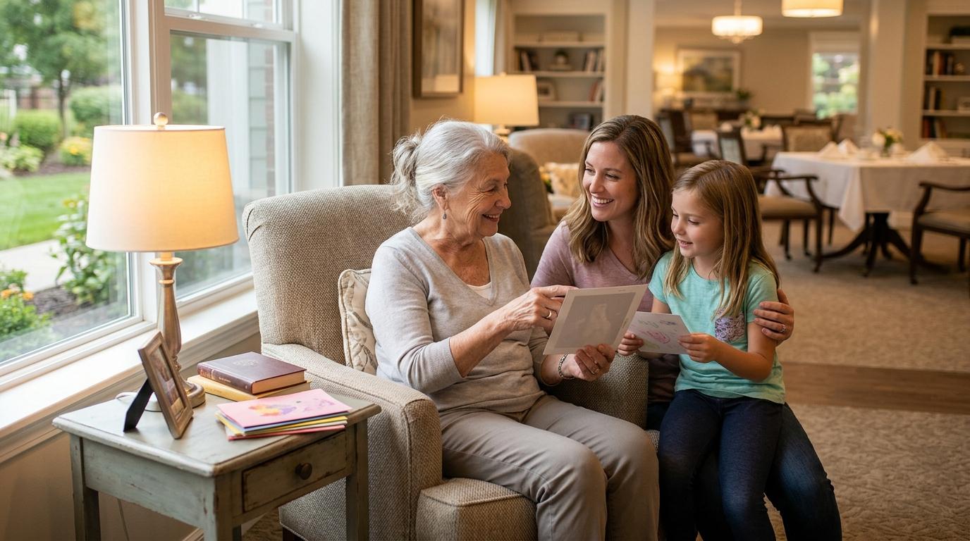 An older adult and family member sharing a warm moment together at a senior living community.