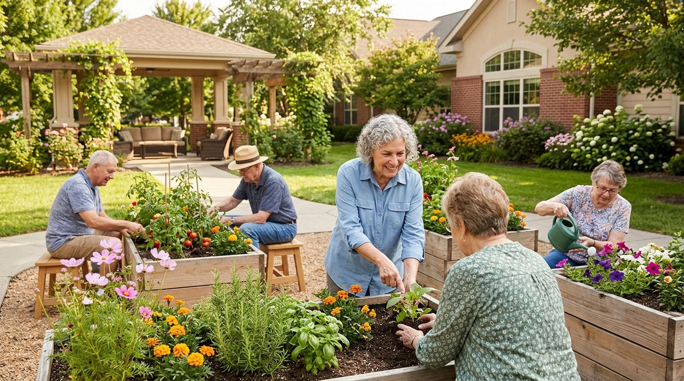Smiling seniors enjoy outdoor activities together in a sunny garden setting in a senior living community.
