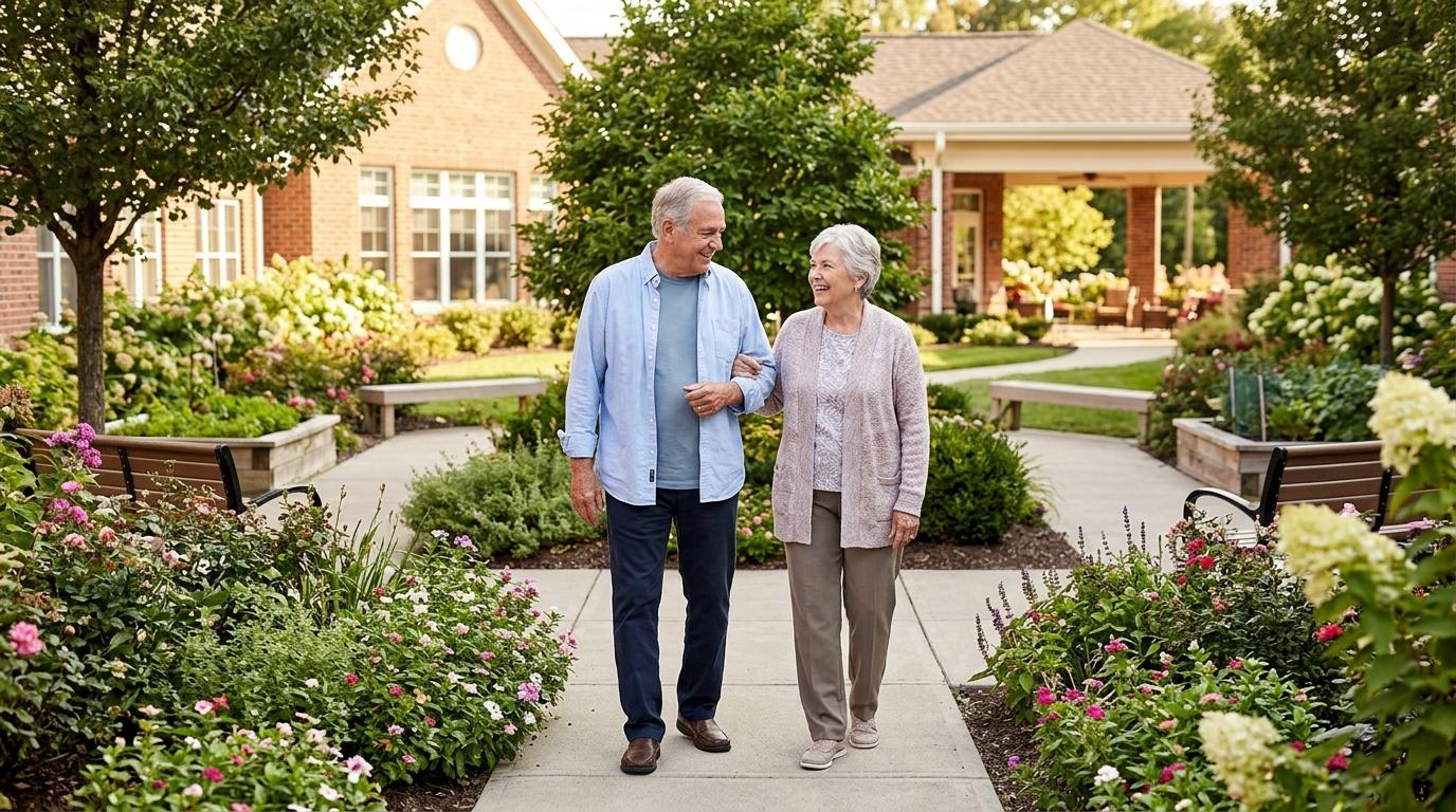 Two seniors enjoy a sunny outdoor walk at a memory care community, surrounded by lush greenery.