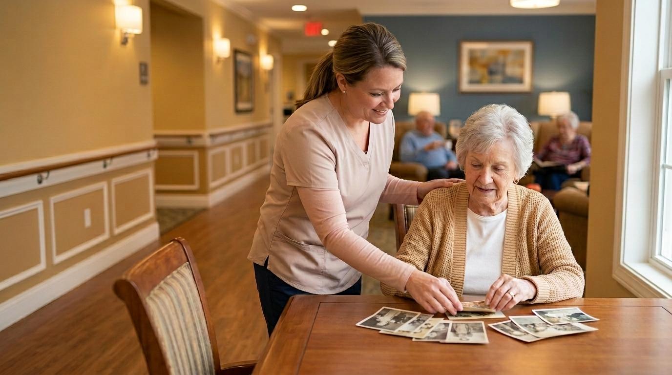 A caregiver in senior living smiles while helping an older resident sort through photographs.