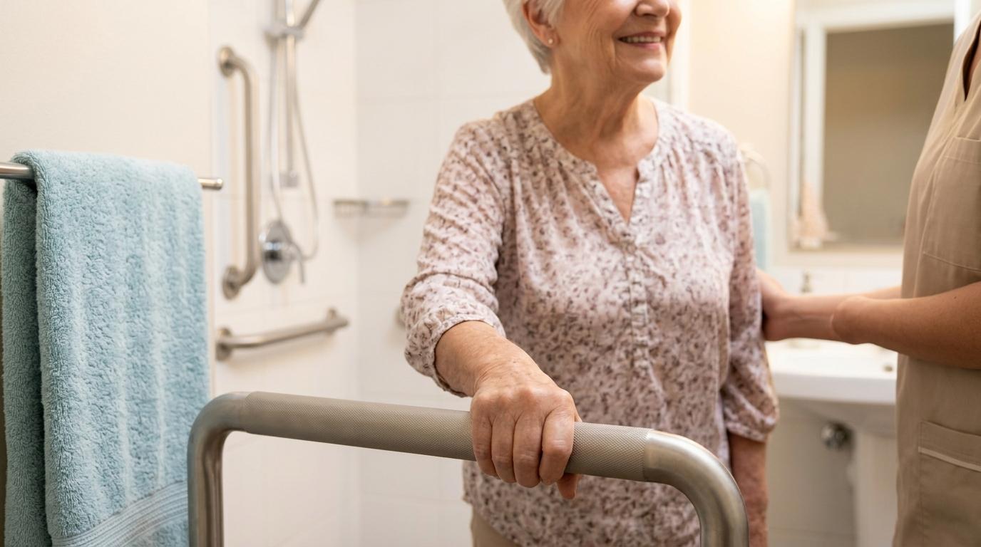 An older adult grabs a safety bar in their bathroom while an out-of-frame caregiver supports their other arm.